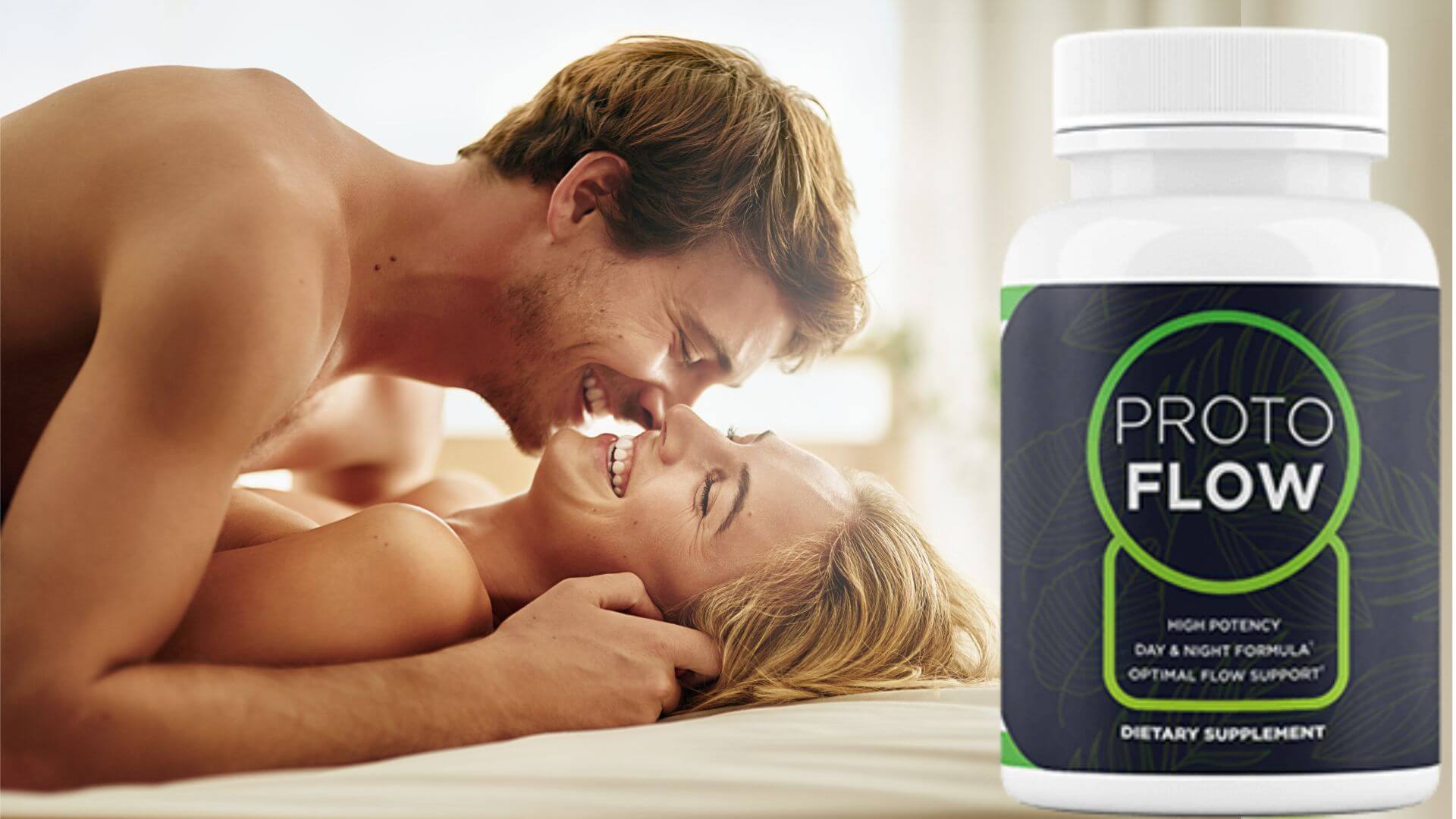 Happy mature couple beside Protoflow bottle representing better nights intimacy confidence and male vitality